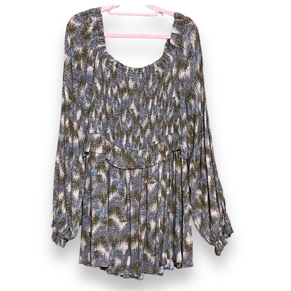 ODDY Boho Smocked Peasant Tunic Top 1X Gray Abstract Print Flowy Lightweight - Picture 7 of 8